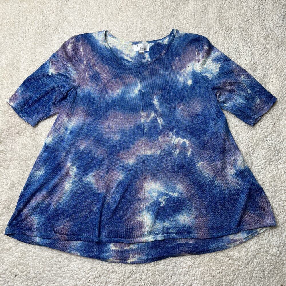 Ponsesa Blue Purple Tie Dye Short Sleeve Blouse Large